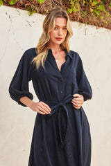 Navy 3/4 Bubble Sleeve Midi Shirt Dress