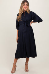 Navy 3/4 Bubble Sleeve Maternity Midi Shirt Dress