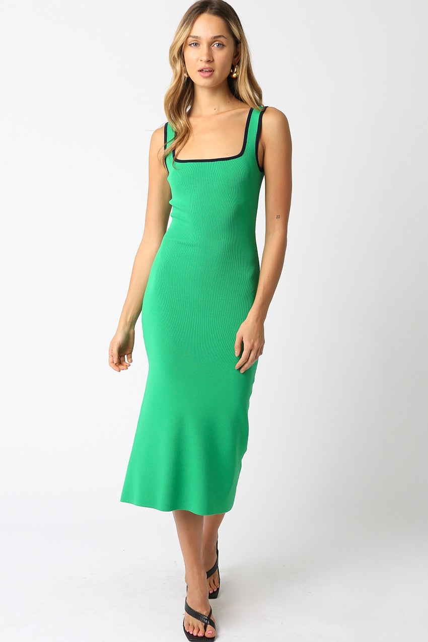 Green Knit Contrast Trim Square Neck Maternity Midi Dress