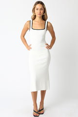 White Knit Contrast Trim Square Neck Maternity Midi Dress