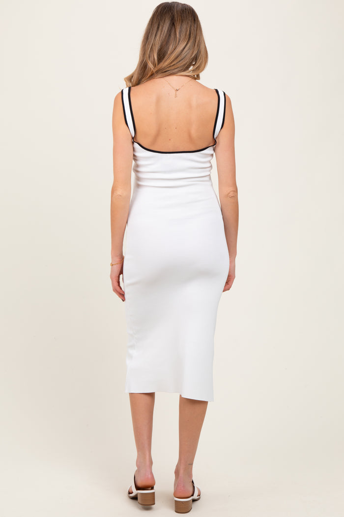 White Knit Contrast Trim Square Neck Maternity Midi Dress