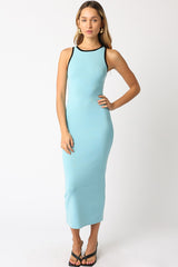Light Blue Knit Contrast Trim Midi Dress