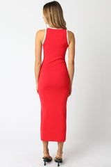 Red Knit Contrast Trim Midi Dress