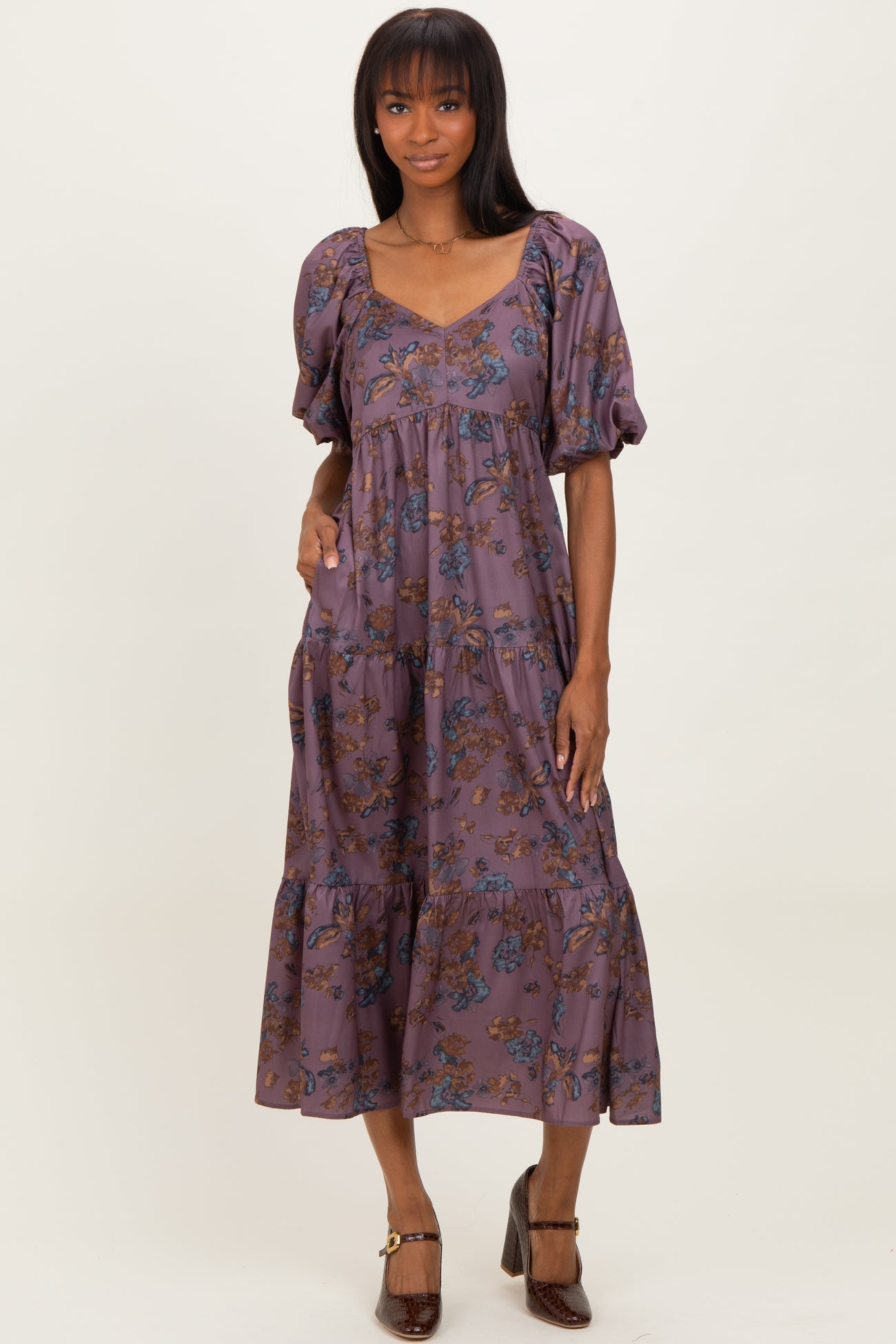 Dark Mauve Floral Bubble Sleeve Tiered Maternity Maxi Dress