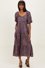 Dark Mauve Floral Bubble Sleeve Tiered Maternity Maxi Dress