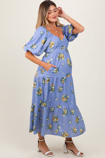 Light Blue Floral Puff Sleeve Maternity Tiered Maxi Dress