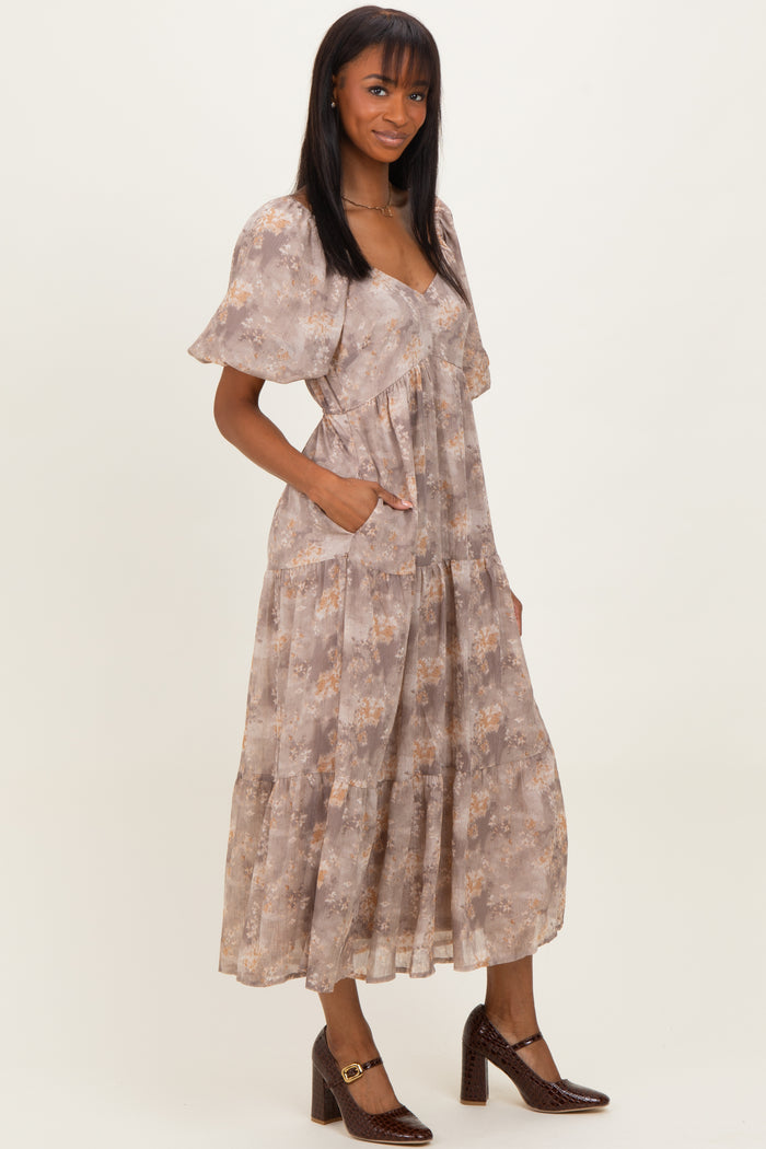 Light Taupe Watercolor Floral Puff Sleeve Tiered Maxi Dress