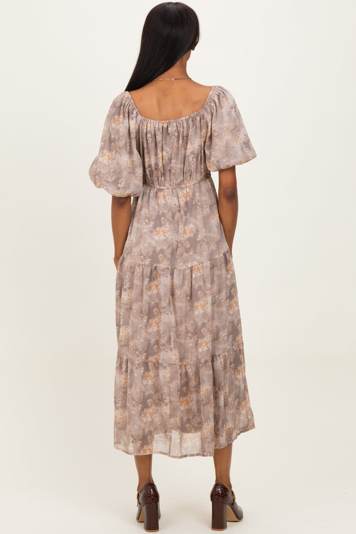 Light Taupe Watercolor Floral Puff Sleeve Tiered Maxi Dress