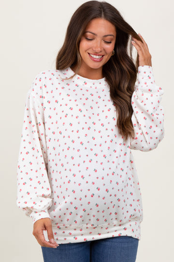 Ivory Floral Ribbed Knit Oversized Maternity Pullover Top