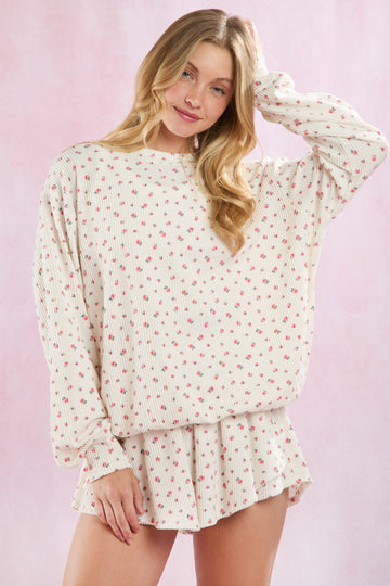 Ivory Floral Ribbed Knit Oversized Pullover Top