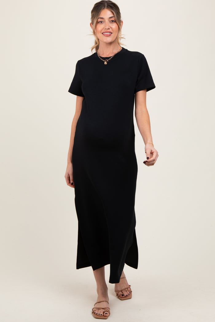 Black Basic Side Slit Short Sleeve Maternity Midi Dress