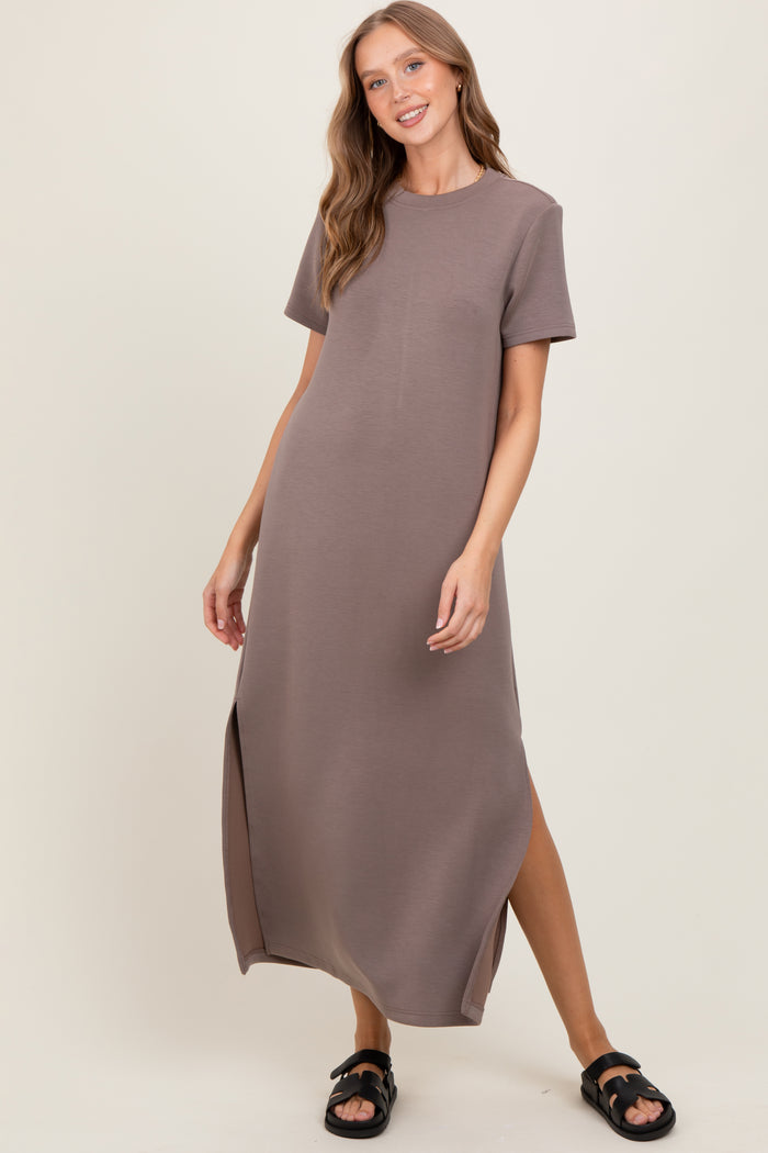 Taupe Basic Side Slit Short Sleeve Midi Dress
