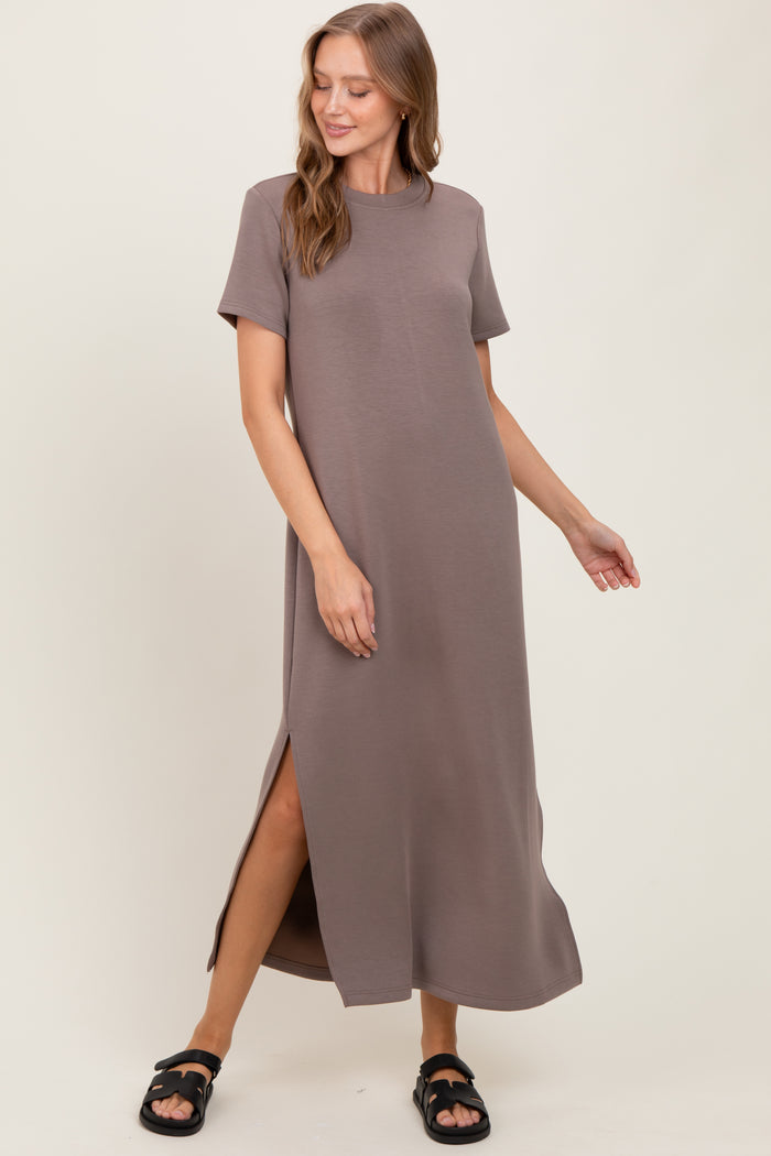 Taupe Basic Side Slit Short Sleeve Maternity Midi Dress