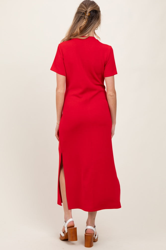Red Basic Side Slit Short Sleeve Maternity Midi Dress