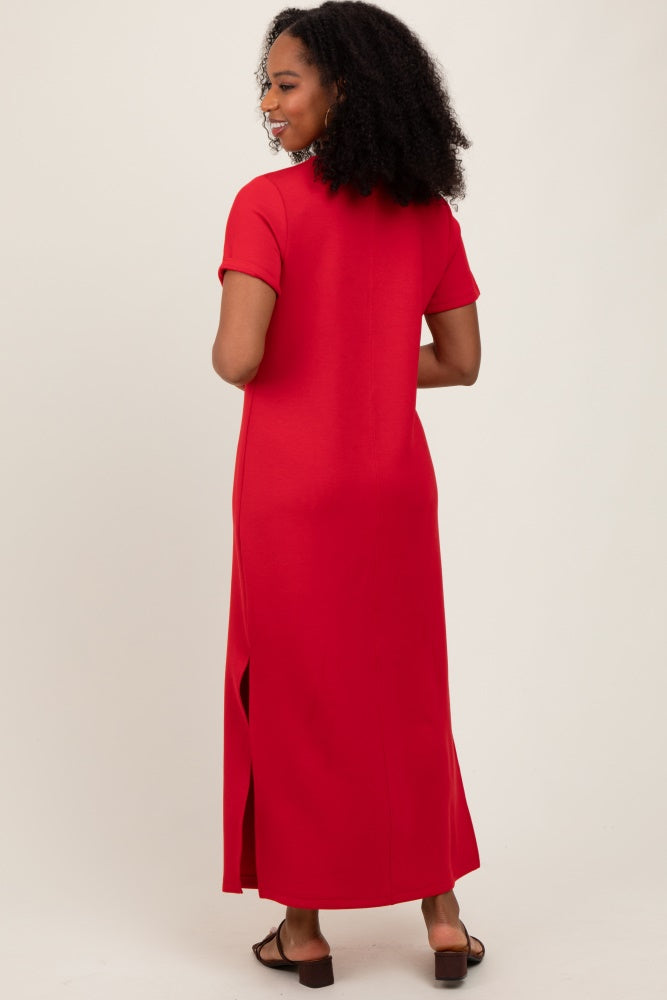Red Basic Side Slit Short Sleeve Midi Dress
