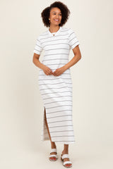 Ivory Striped Short Sleeve Side Slit Midi Dress