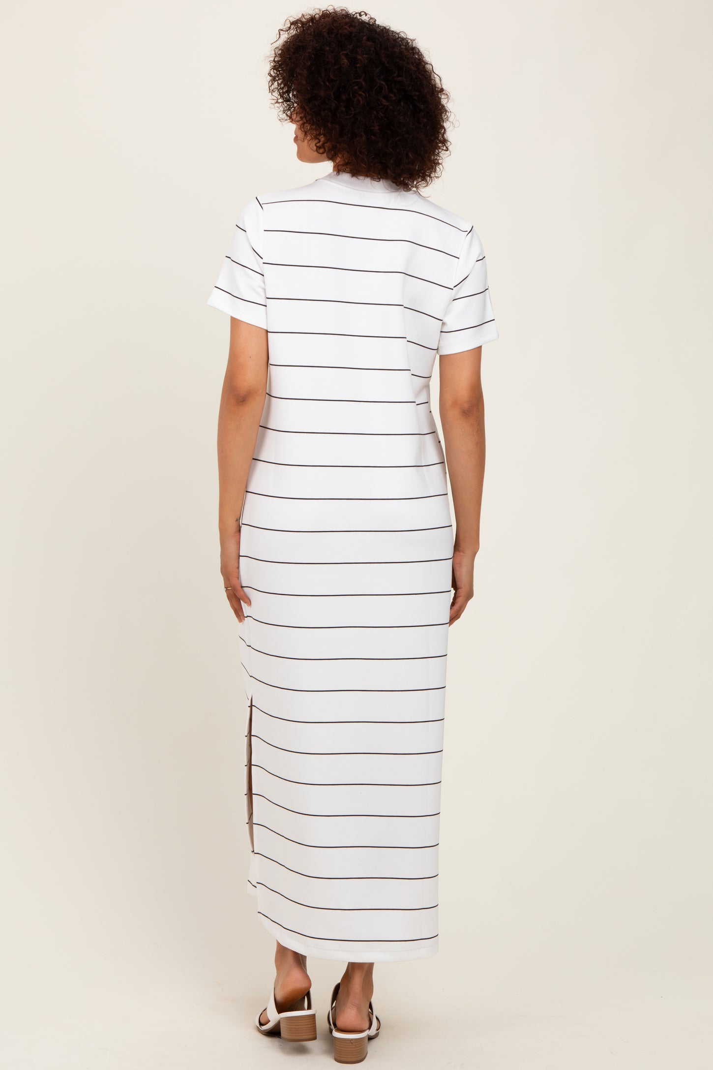 Ivory Striped Short Sleeve Side Slit Midi Dress