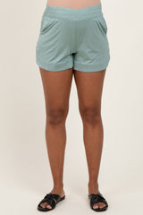 Light Olive Basic Rounded Hem Maternity Shorts