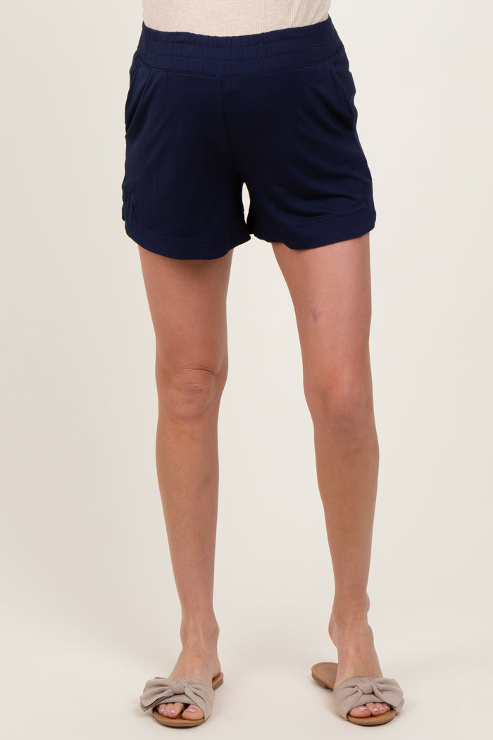 Navy Basic Rounded Hem Maternity Shorts