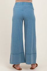 woman wearing light blue maternity wide-leg pants, showing the back view with an elastic waistband
