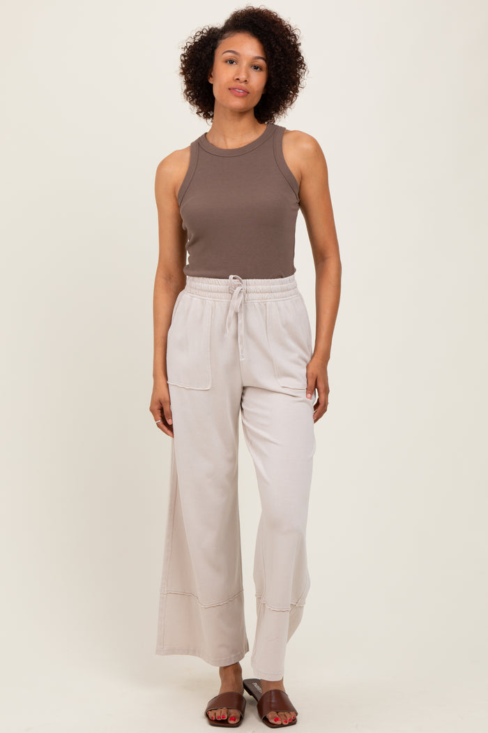 Cream Mineral Wash Wide Leg Ankle Maternity Pants