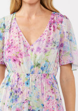 Light Pink Watercolor Floral Flutter Sleeve Midi Dress