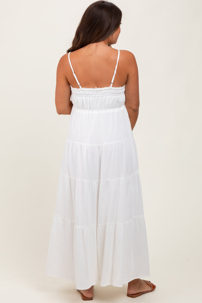Ivory Crochet Trim Tiered Maternity Maxi Dress