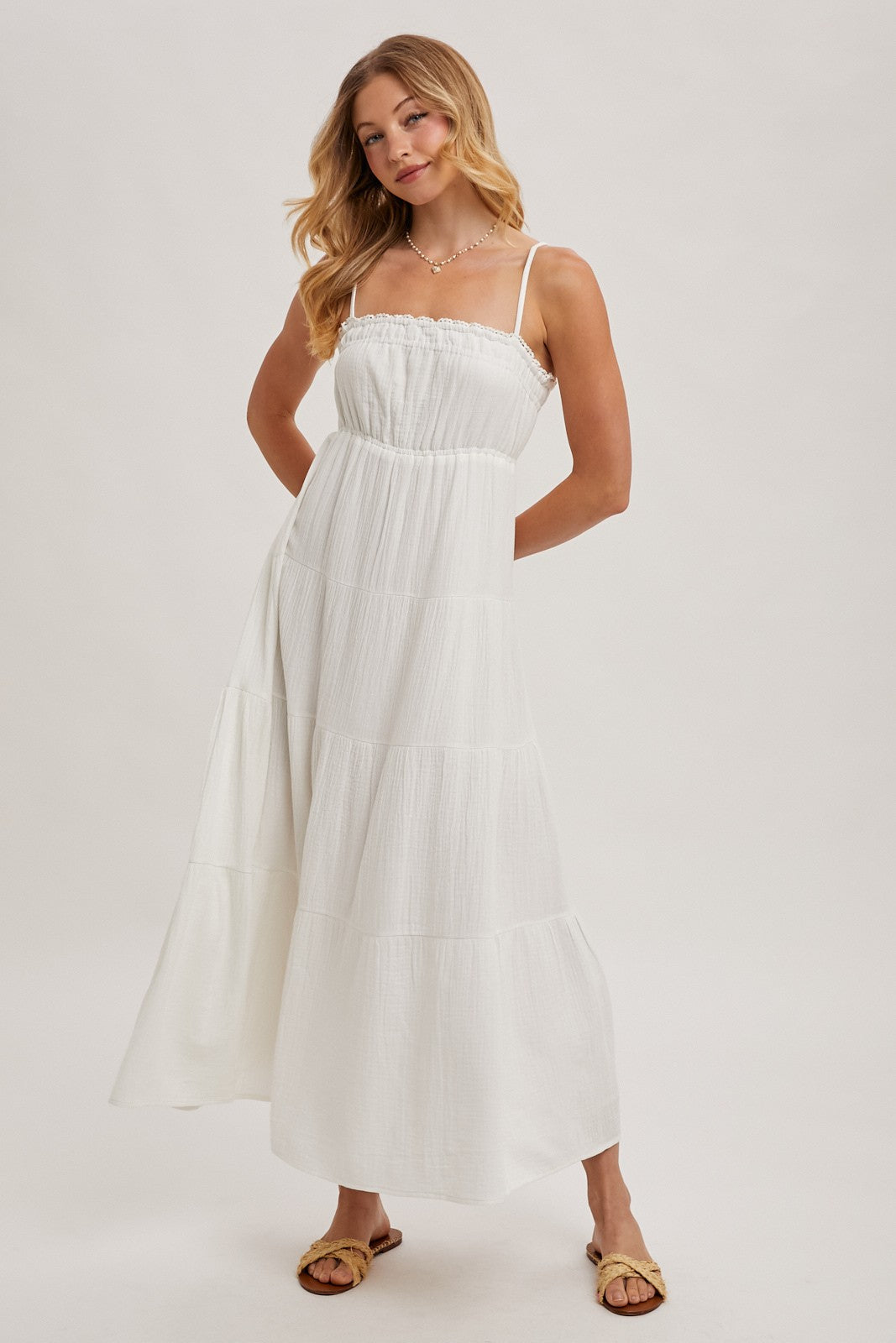 Ivory Crochet Trim Tiered Maternity Maxi Dress