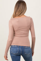 Beige Square Neck Long Sleeve Maternity Top