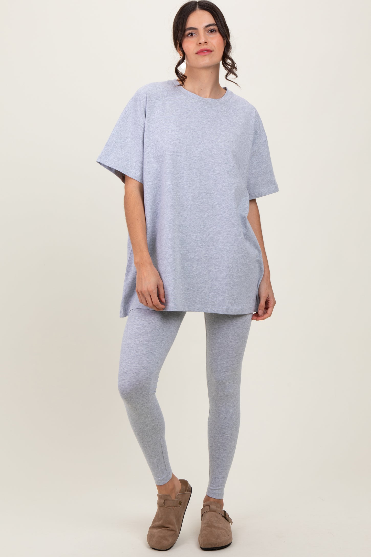 Heather Grey Oversized Crewneck Short Sleeve and Legging Maternity Set