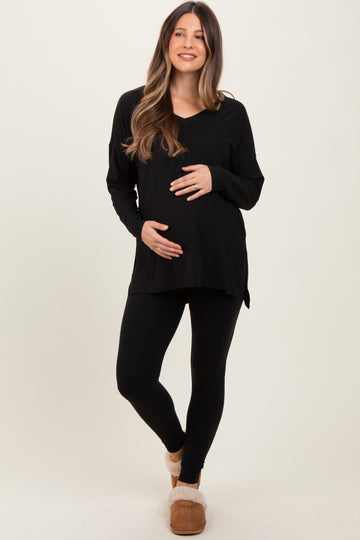 Black Brushed Knit Maternity Oversized Top and Legging Set