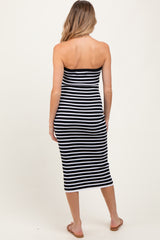 Black Striped Knit Strapless Maternity Midi Dress