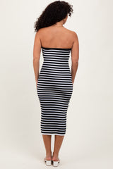 Black Striped Knit Strapless Midi Dress