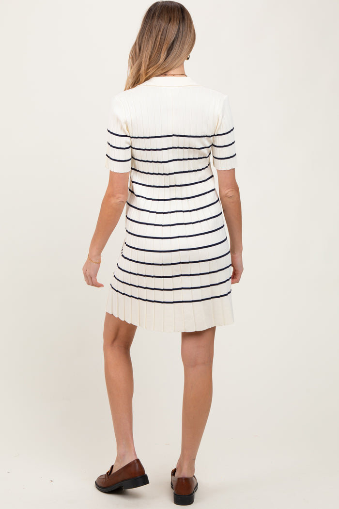 White Striped Knit Collared Pleated Maternity Dress