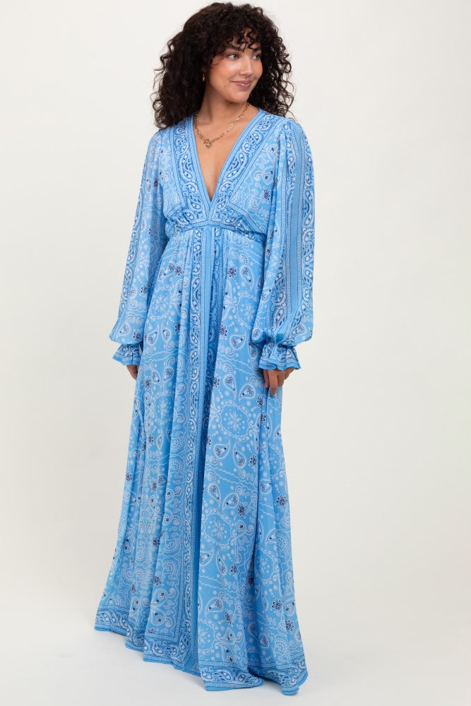 Light Blue Paisley Deep V-Neck Long Sleeve Maternity Maxi Dress