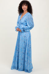 Light Blue Paisley Deep V-Neck Long Sleeve Maxi Dress