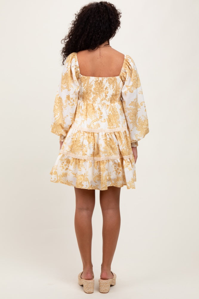 Yellow Floral Smocked Bubble Sleeve Tiered Dress