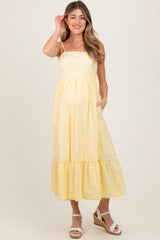 Yellow Embroidered Striped Colorblock Maternity Midi Dress