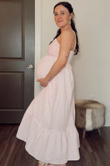 Light Pink Embroidered Striped Colorblock Maternity Midi Dress