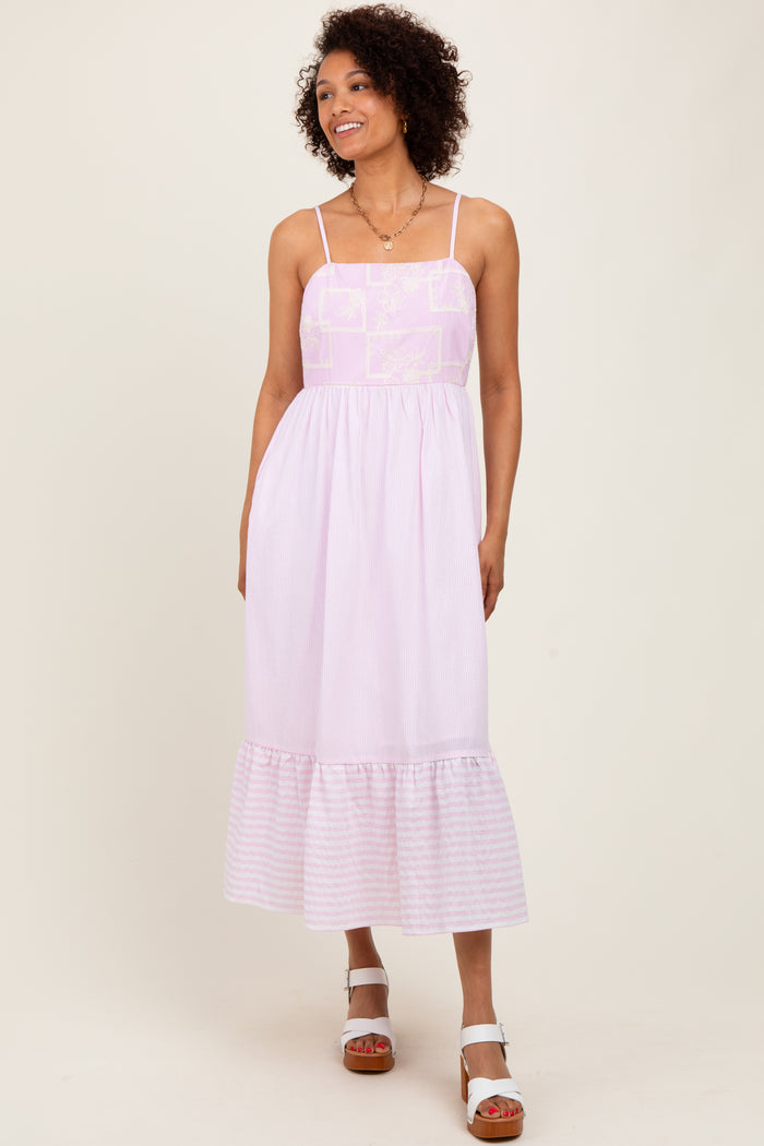 Light Pink Embroidered Striped Colorblock Midi Dress