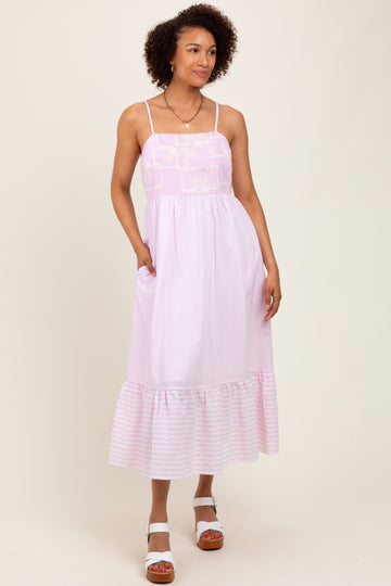 Light Pink Embroidered Striped Colorblock Midi Dress