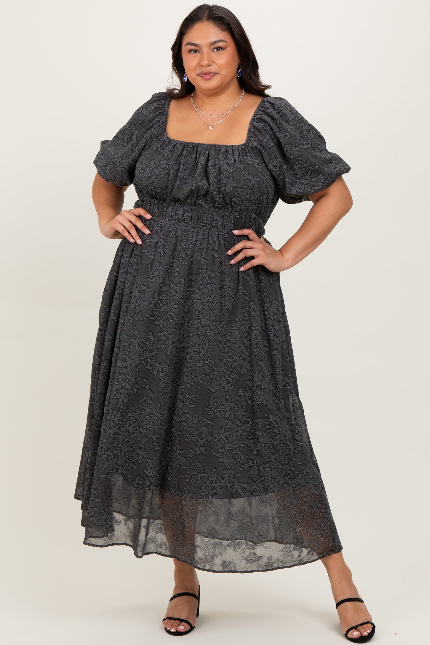 Charcoal Floral Square Neck Bubble Sleeve Plus Midi Dress