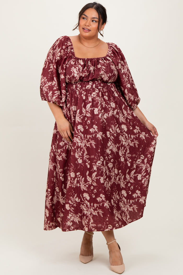 Burgundy Floral Textured Plus Midi Dress