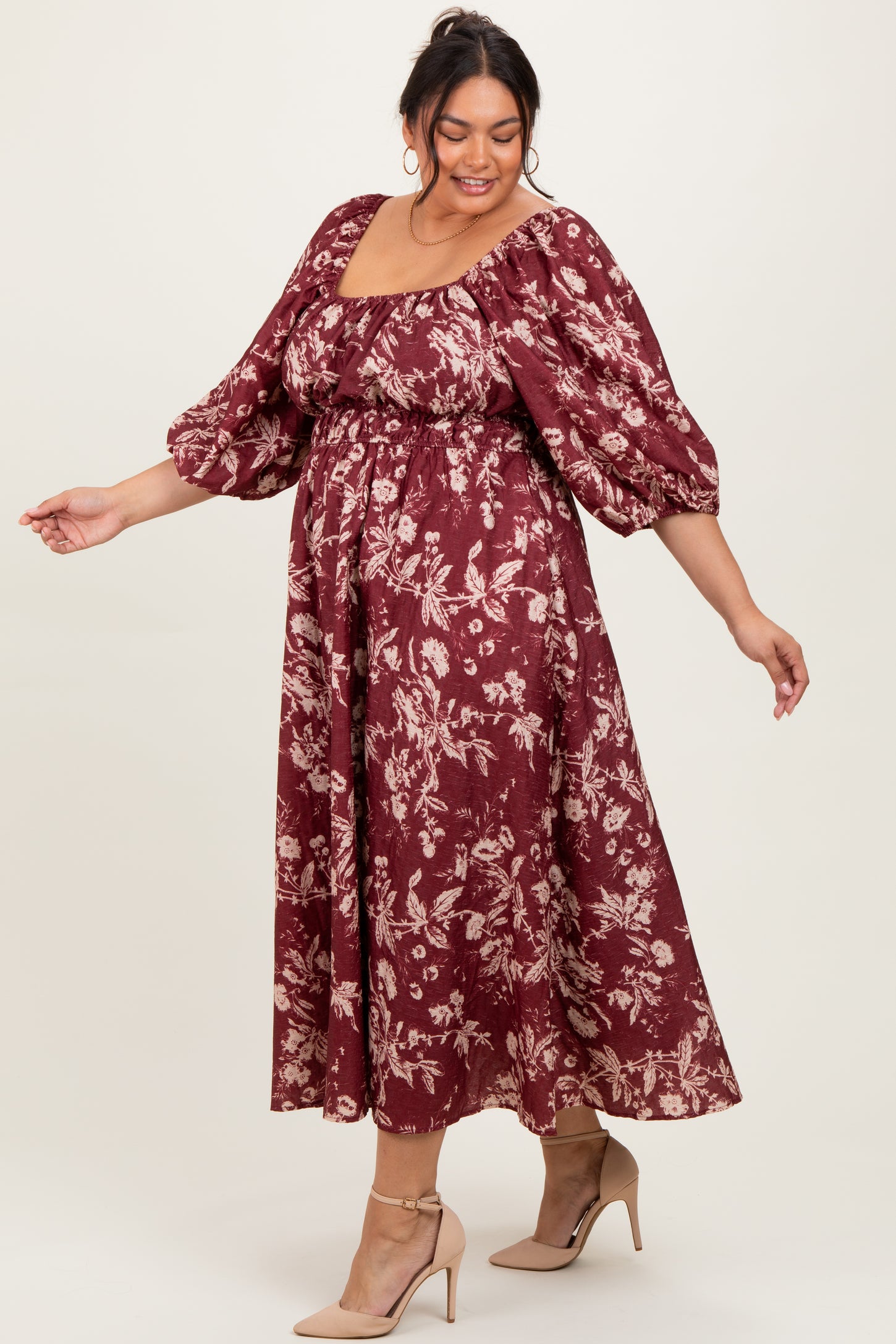 Burgundy Floral Textured Plus Midi Dress
