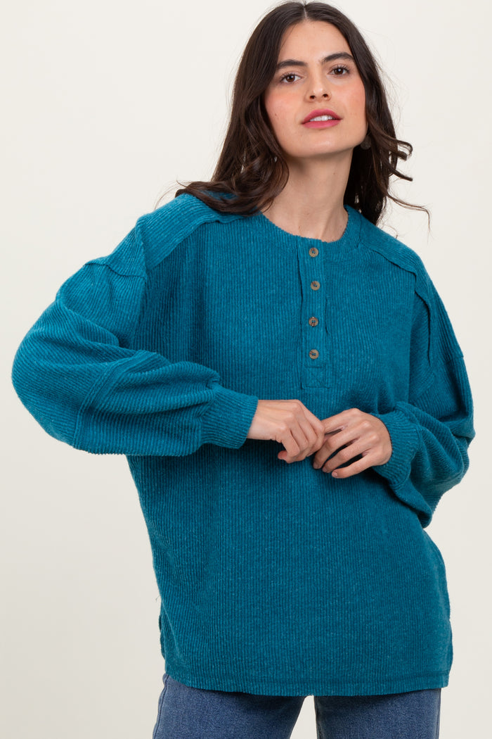 Teal Oversized Ribbed Knit Henley Sweater