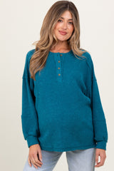 Teal Oversized Ribbed Knit Henley Maternity Sweater