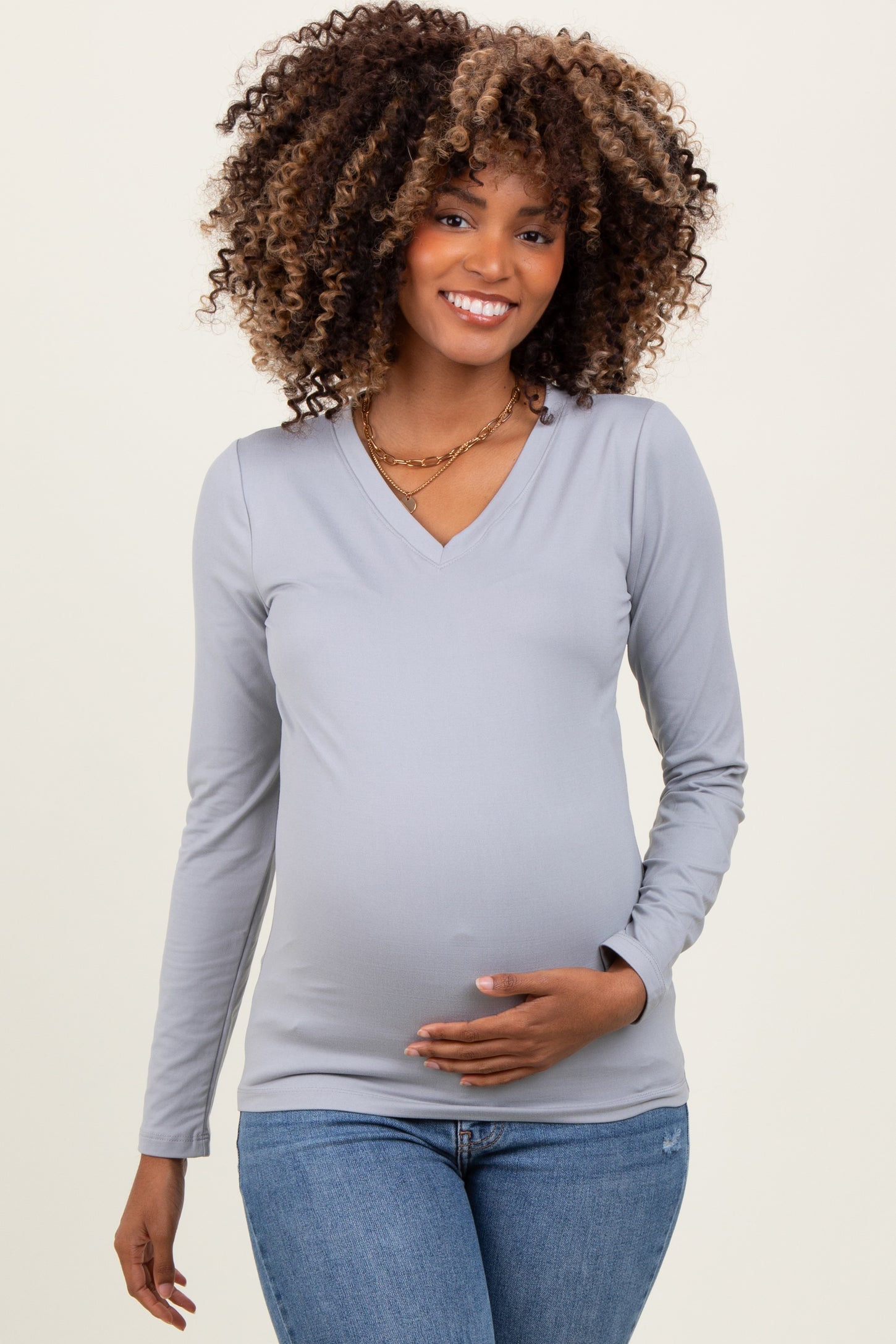 Heather Grey Brushed Knit V-Neck Long Sleeve Maternity Top