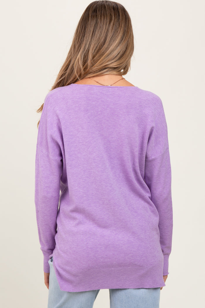 Lilac Front Seam V-Neck Side Slit Maternity Sweater