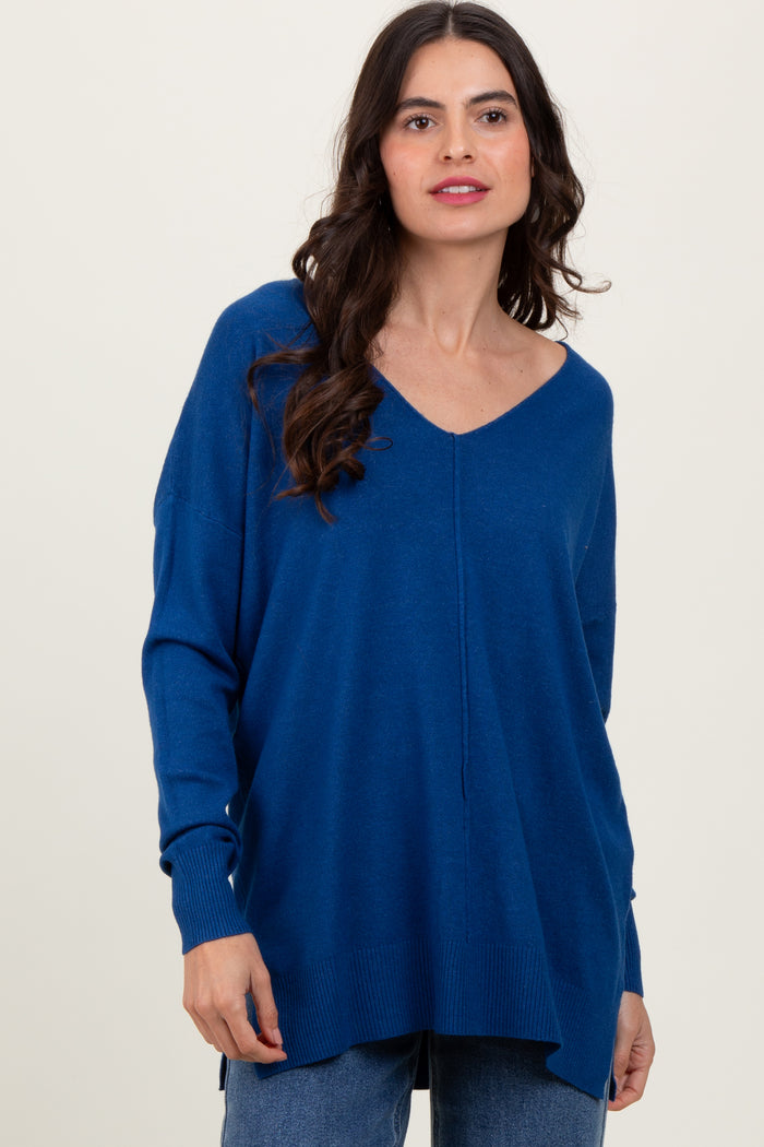 Navy Front Seam V-Neck Side Slit Maternity Sweater
