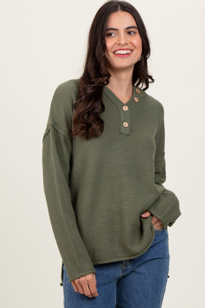 Light Olive Diamond Knit Button Detail Maternity Sweater